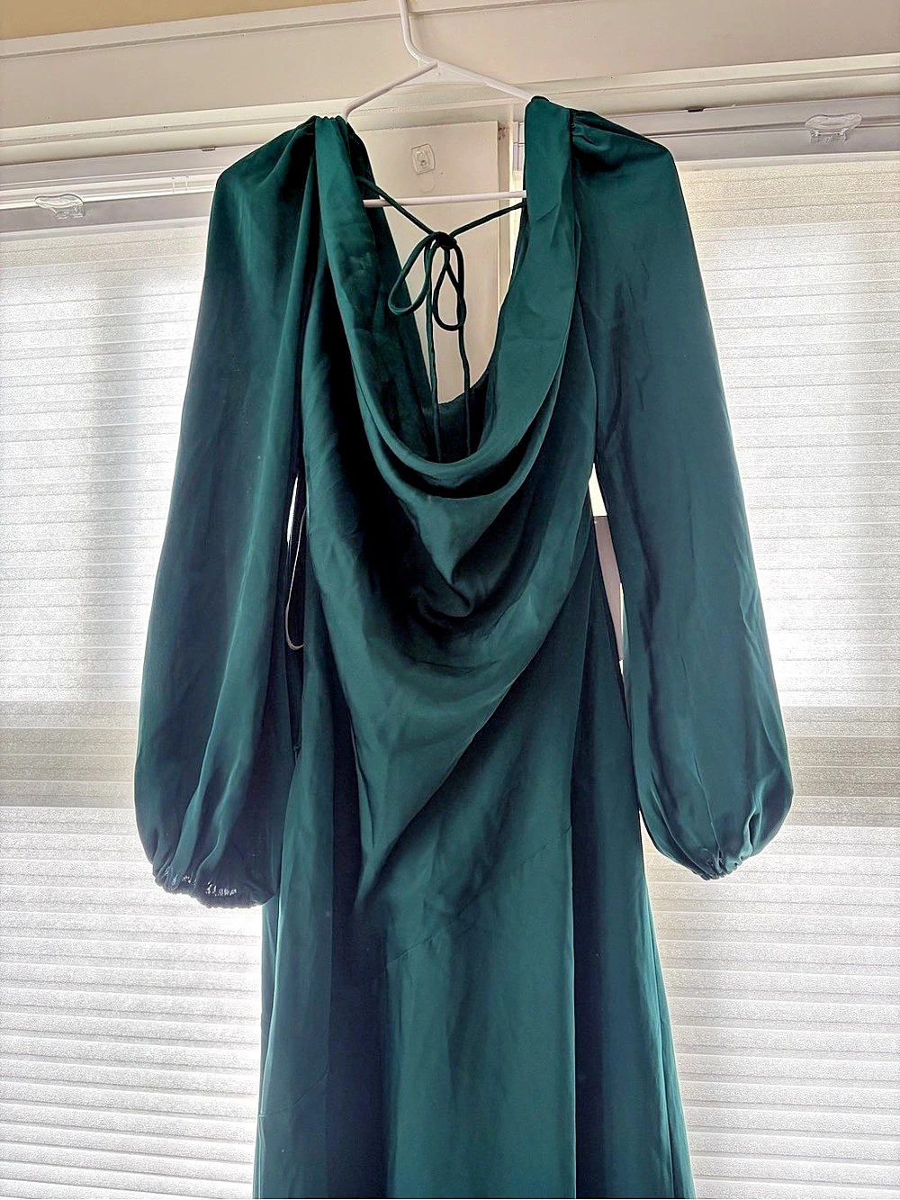 Azazie Melani Maxi Long Sleeve Satin Dress Green US 12 NWT